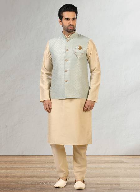 Sky Blue Colour New Festive Wear Jacquard Banarasi Silk Digital Print Kurta Pajama With Jacket Mens Collection 1059